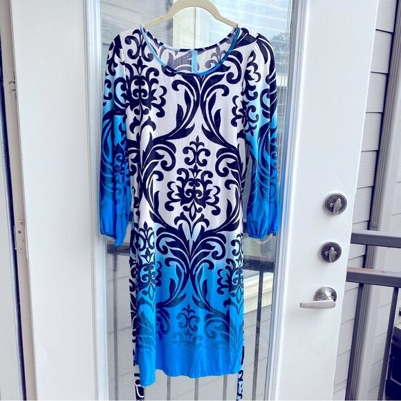 Loila Medium Paisley Print Round Neck Elastic Puff Sleeve Tie Belt Work Dress - Picture 1 of 11